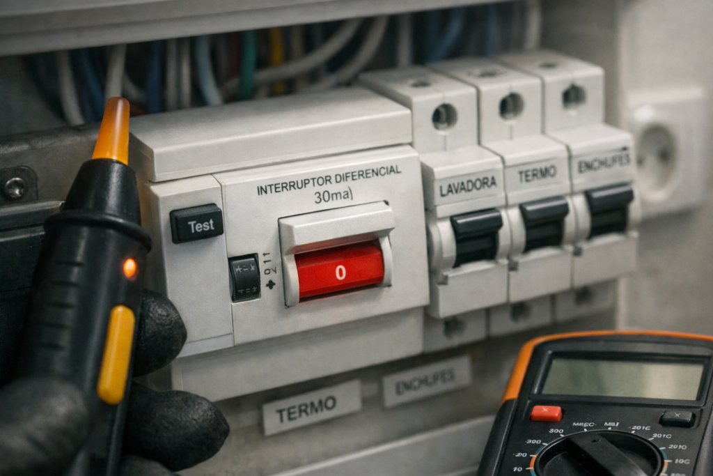 Cuadro eléctrico español con diferencial bajado, tester y multímetro; búsqueda segura de fugas: por que salta el diferencial constantemente