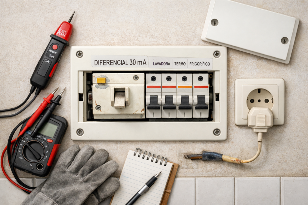 Panel eléctrico español con diferencial de 30 mA bajado, herramientas de inspección y etiquetas visibles; por que salta el diferencial constantemente