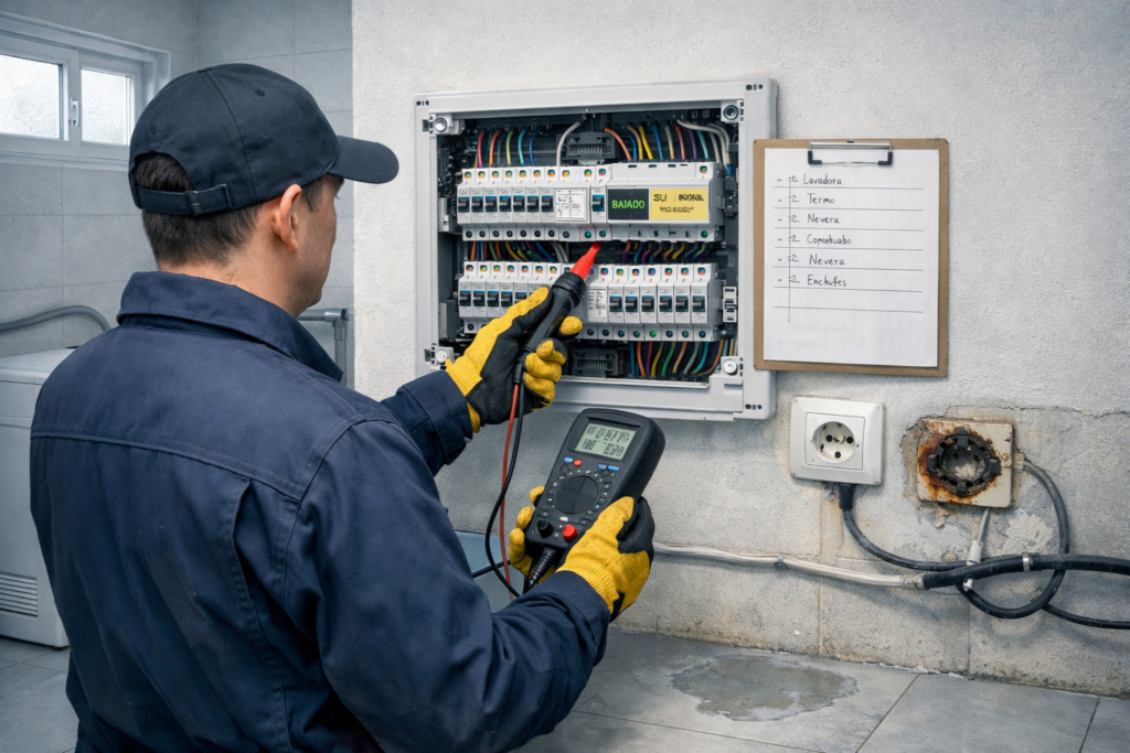 Electricista inspecciona un cuadro eléctrico con diferencial bajado, cables domésticos y enchufe dañado: por que salta el diferencial constantemente