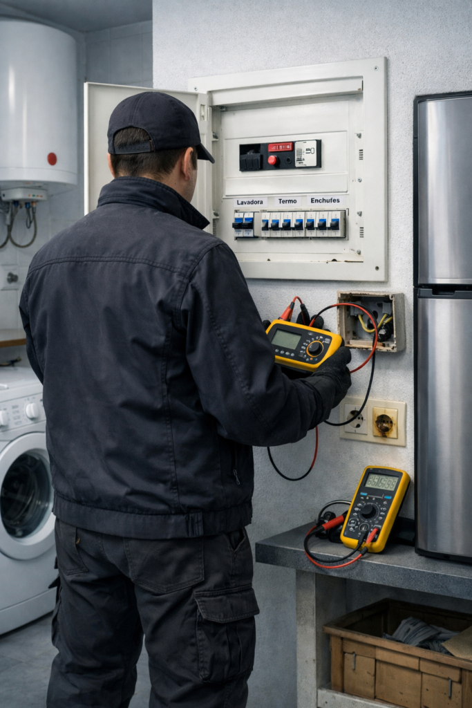 Electricista prueba el aislamiento junto a un cuadro abierto y electrodomésticos; por que salta el diferencial constantemente